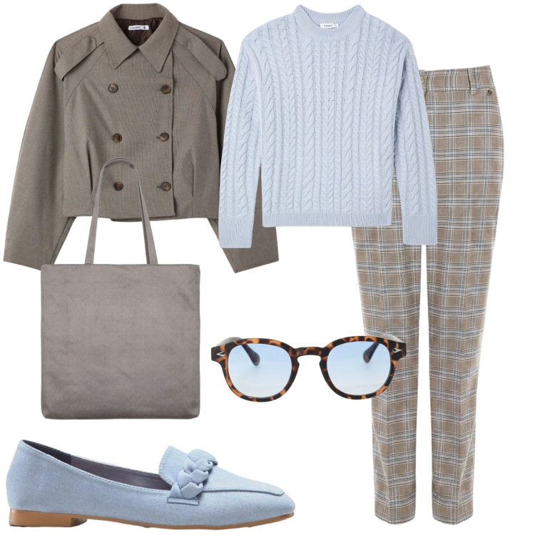 Outfit donna - Tutti i giorni. Stile Casual per Tutti i giorni. Abbinamento con pantaloni, occhiali da sole, maglieria, caban, shopping bag, mocassini.