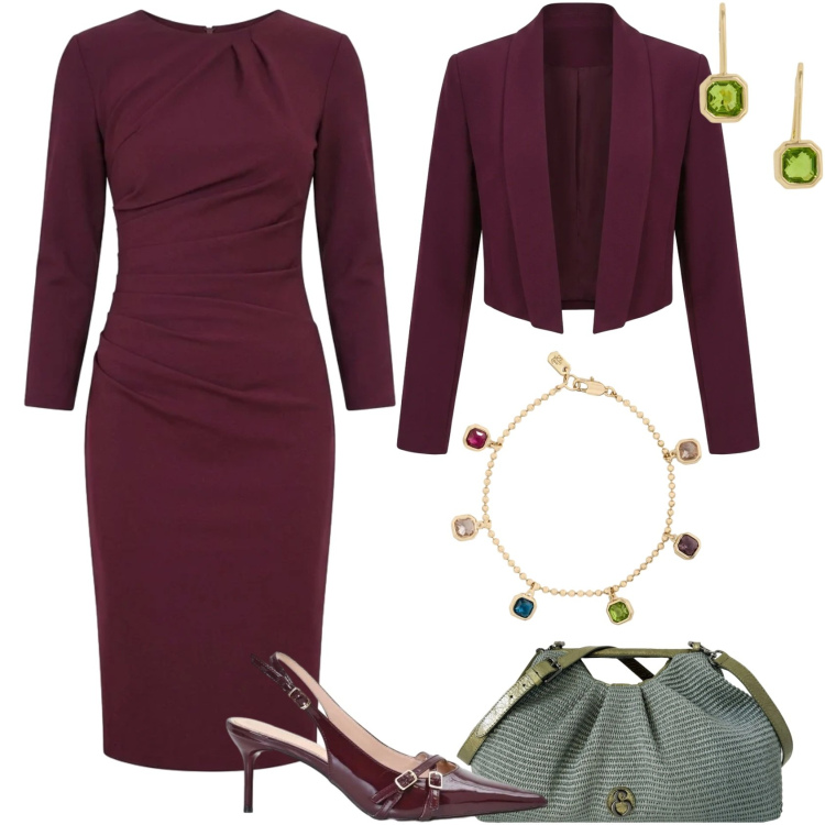 Outfit donna - Invito d\'autunno. Stile Chic per Cerimonia. Abbinamento con décolleté, blazer, vestiti midi/longuette, braccialetti, orecchini, clutch.