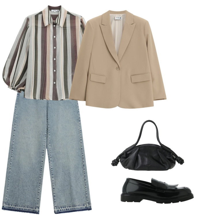 Outfit donna - Look urbano. Stile Basic per Ufficio. Abbinamento con jeans dritti, camicie, blazer, mocassini, borse a mano.