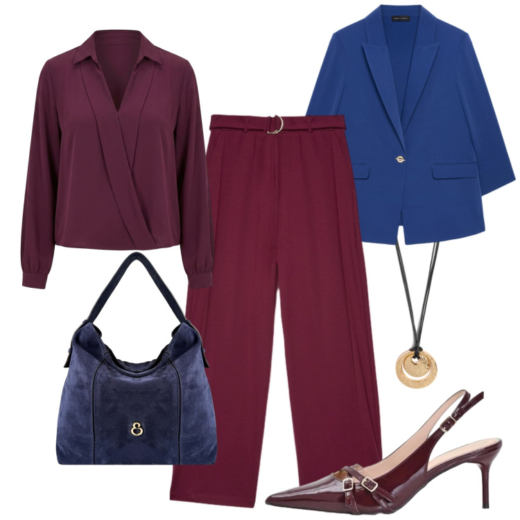 Outfit donna - Eleganza curvy a cena. Stile Chic per Serata fuori. Abbinamento con pantaloni a palazzo, ciondoli, blazer, borse a spalla, décolleté, bluse.