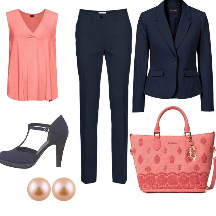 Outfit donna - Un colloquio formale. Stile Bon Ton per Ufficio. Abbinamento con pantaloni, blazer, top, scarpe navy, borsetta rosa, orecchini in argento 925 rosa.