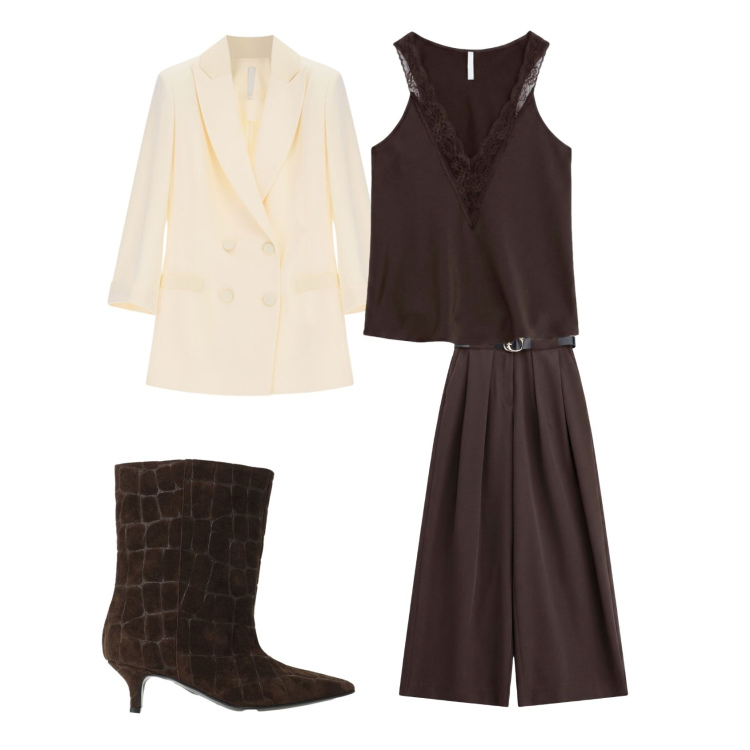 Outfit donna - Ritorno al lavoro. Stile Glamour per Serata fuori. Abbinamento con top, pantaloni a palazzo, blazer, stivali.