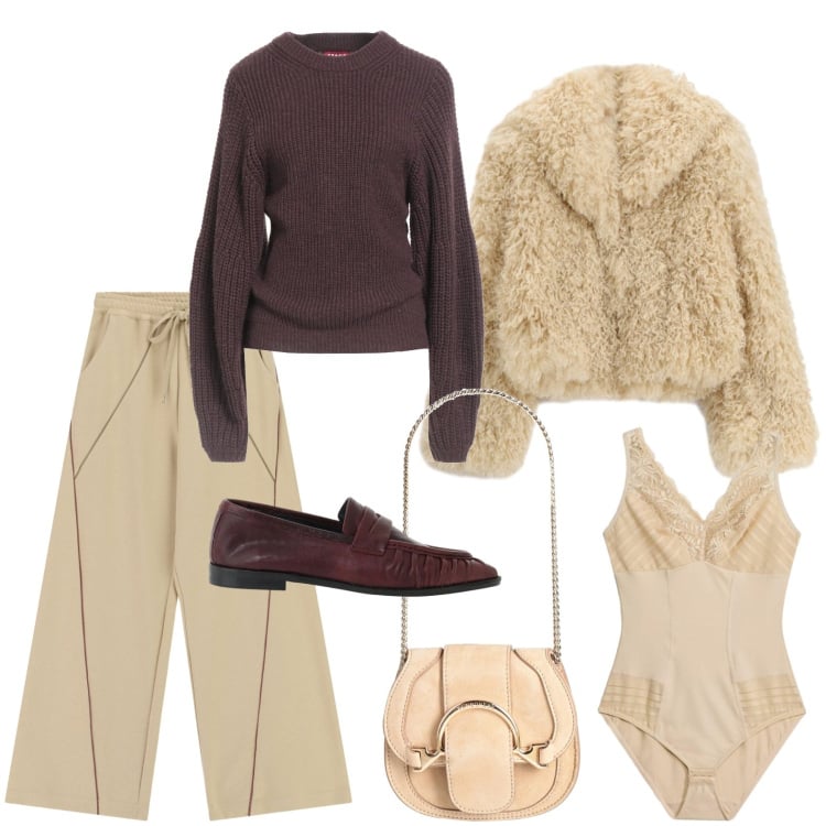 Outfit donna - Ottobre in chiaro. Stile Casual per Tutti i giorni. Abbinamento con marsupi, pullovers, body, ecopellicce, mocassini, pantaloni a palazzo.