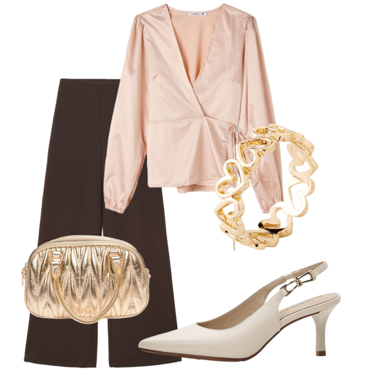 Outfit donna - La borsa oro. Stile Bon Ton per Serata fuori. Abbinamento con anelli, décolleté, pantaloni a palazzo, bluse, borse a mano.