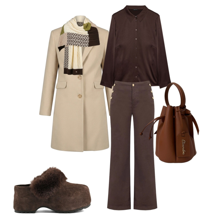 Outfit donna - Autunno. Stile Urban per Tutti i giorni. Abbinamento con pantaloni, sciarpe, camicie, cappotti, borse a secchiello, zoccoli.