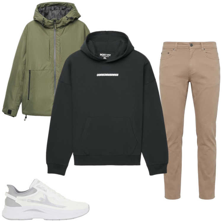 Outfit uomo - Total look #2481282. Stile Casual per Tutti i giorni. Abbinamento con pantaloni, sneakers, felpe con cappuccio, giacche.