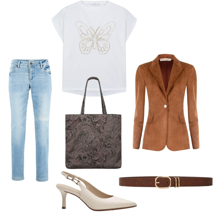 Outfit donna - Total look #2481283. Stile Casual chic per Ufficio. Abbinamento con blazer, cinture, borse tote, t-shirt, jeans dritti, décolleté.