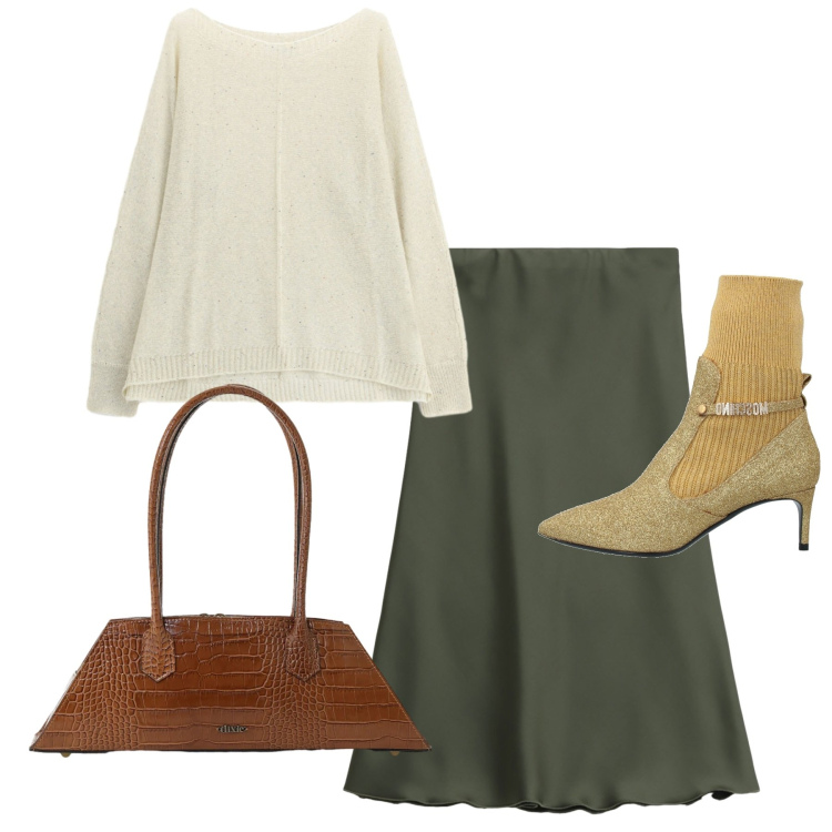 Outfit donna - Maglieria Leggera e Gonne Midi. Stile Bon Ton per Serata fuori. Abbinamento con maglieria, gonne longuette, borse a spalla, stivaletti.