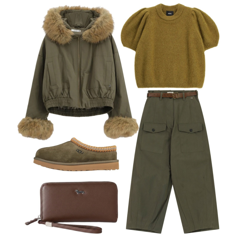 Outfit donna - Il mio outfit del sabato. Stile Casual per Tutti i giorni. Abbinamento con portafogli, parka, pullovers, pantaloni a palazzo, stivaletti.