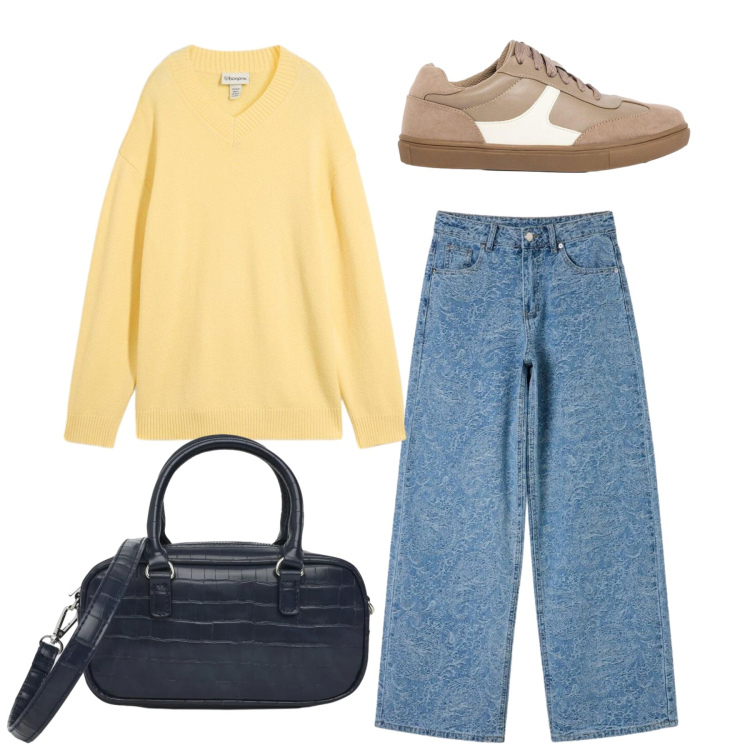 Outfit donna - Total look. Stile Basic per Tutti i giorni. Abbinamento con sneakers, maglieria, borse a tracolla, jeans.