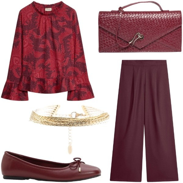 Outfit donna - Colori del mosto. Stile Casual chic per Tutti i giorni. Abbinamento con braccialetti, clutch, pantaloni a palazzo, ballerine, bluse.
