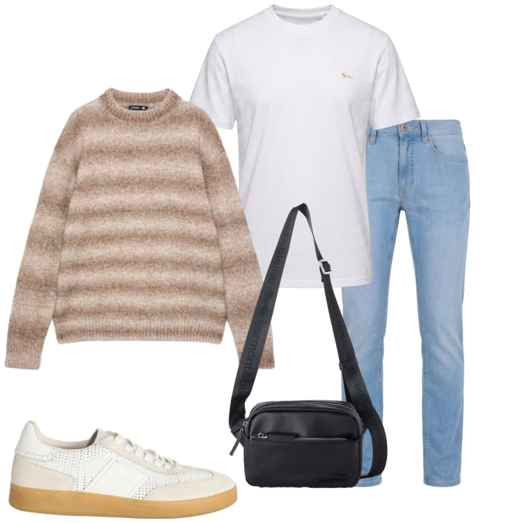 Outfit uomo - Total look #2481303. Stile Trendy per Tutti i giorni. Abbinamento con borse sportive, t-shirt, sneakers, jeans, maglieria.