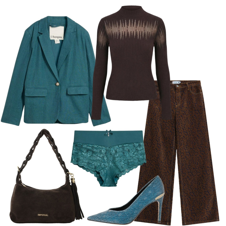 Outfit donna - Una combo strepitosa. Stile Glamour per Serata fuori. Abbinamento con décolleté, blazer, culotte, pullovers, borse a spalla, pantaloni a palazzo.