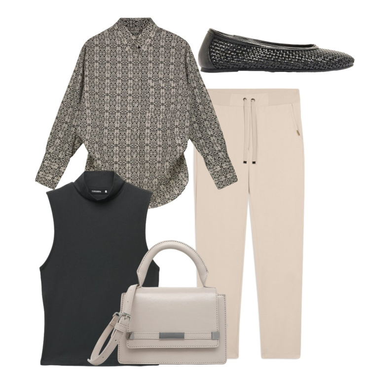 Outfit donna - Total look. Stile Basic per Tutti i giorni. Abbinamento con ballerine, top, borse a tracolla, camicie, pantaloni.