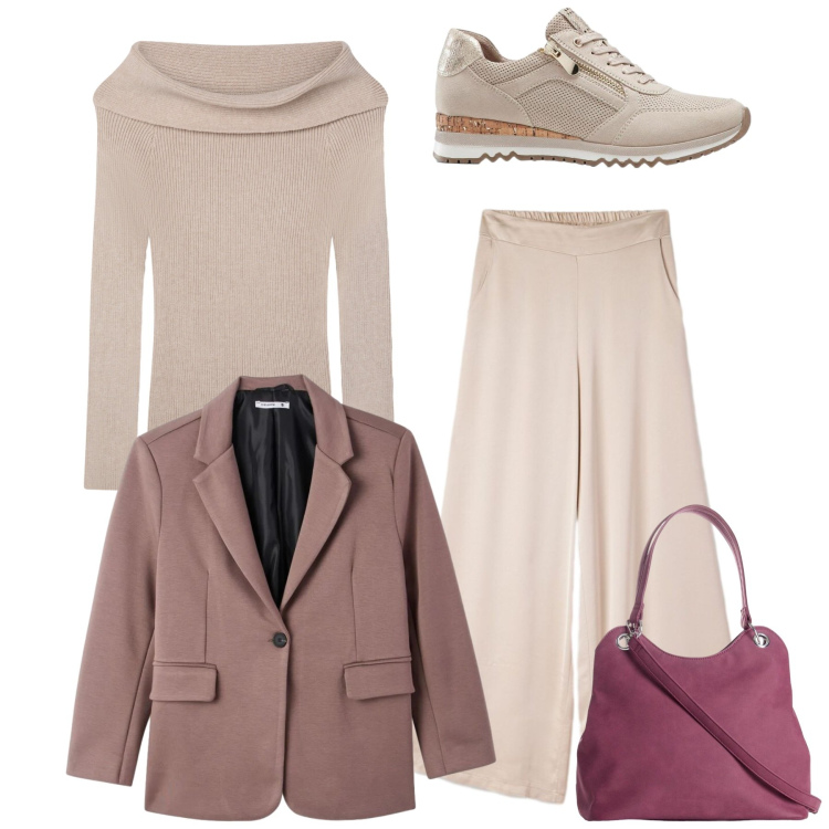 Outfit donna - Cipria. Stile Bon Ton per Ufficio. Abbinamento con borse a mano, sneakers, blazer, maglieria, pantaloni.
