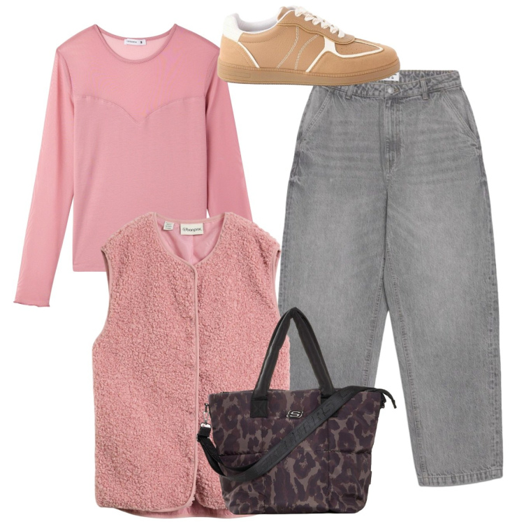 Outfit donna - Total look. Stile Casual per Scuola/Università. Abbinamento con sneakers, shopping bag, gilet, t-shirt, jeans dritti.