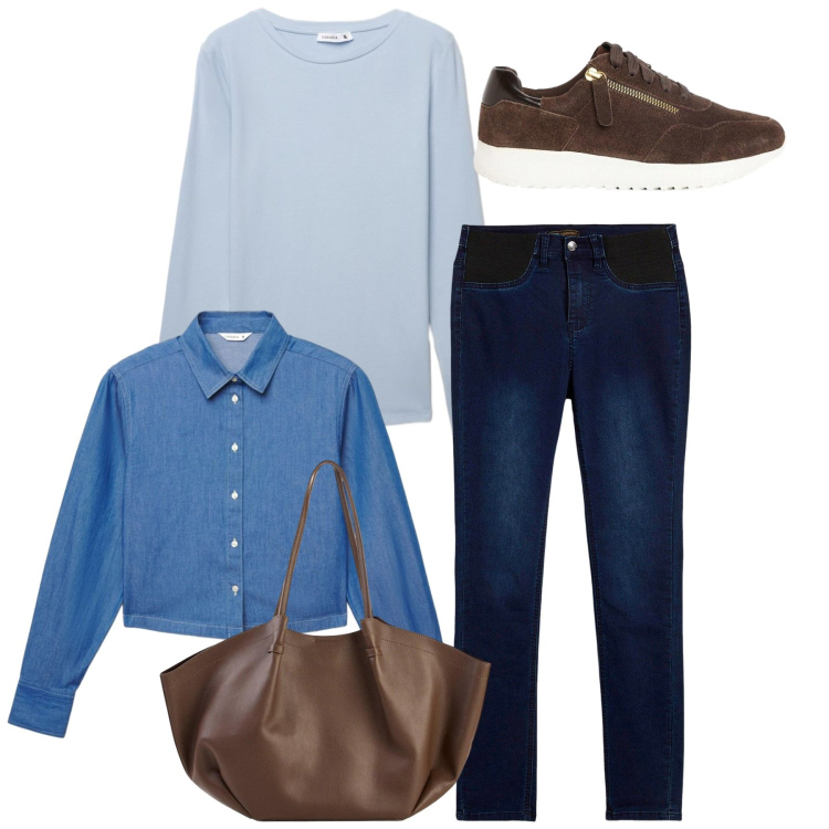 Outfit donna - Total look. Stile Basic per Tutti i giorni. Abbinamento con jeans skinny, shopping bag, sneakers, camicie, t-shirt.