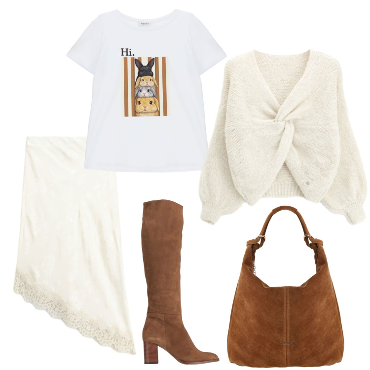 Outfit donna - Serata di festa. Stile Glamour per Serata fuori. Abbinamento con borse a spalla, t-shirt, maglieria, gonne longuette, stivali.