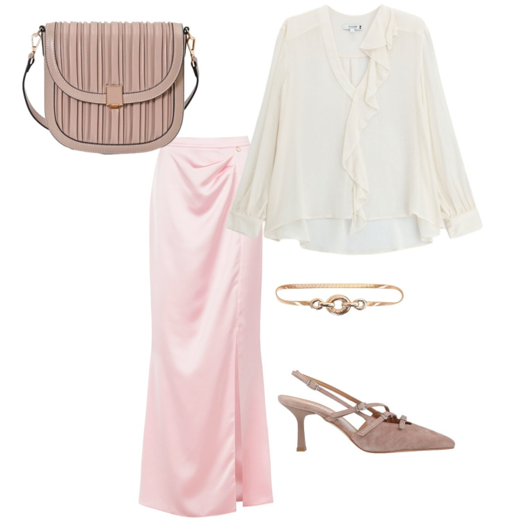 Outfit donna - Romantica. Stile Bon Ton per Serata fuori. Abbinamento con décolleté, gonne lunghe, borse a tracolla, cinture, bluse.