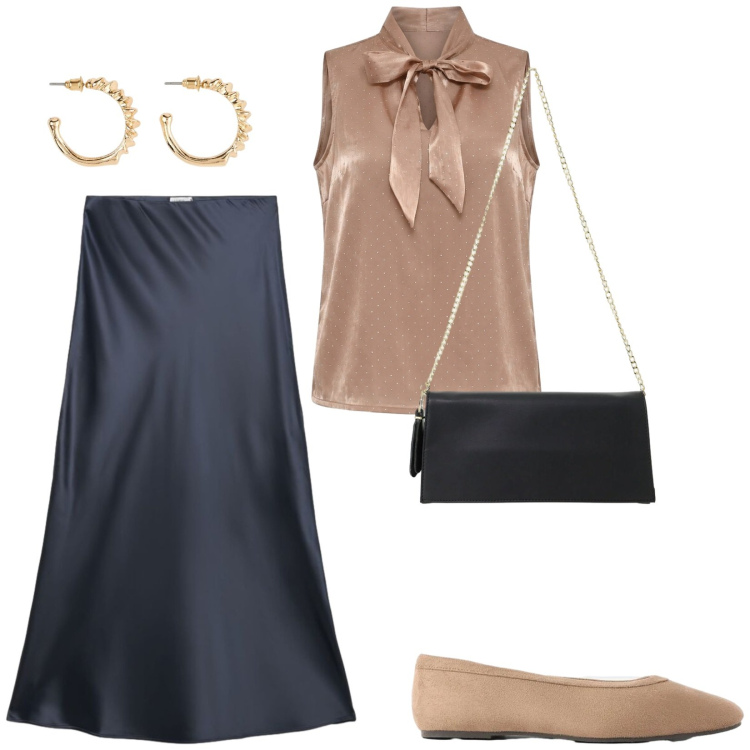 Outfit donna - Serata comfort. Stile Chic per Serata fuori. Abbinamento con borse a tracolla, top, gonne lunghe, ballerine, orecchini.