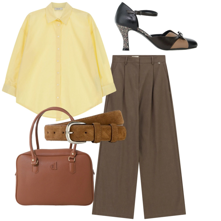 Outfit donna - Total look. Stile Bon Ton per Ufficio. Abbinamento con cinture, borse a mano, camicie, pantaloni a palazzo, décolleté.