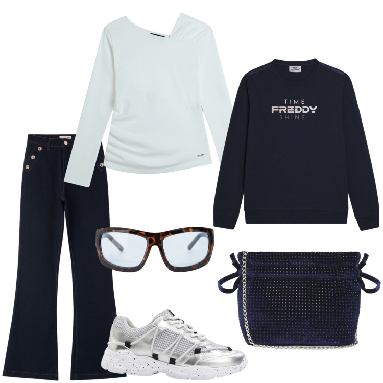 Outfit donna - Domenica al lago. Stile Casual per Tutti i giorni. Abbinamento con sneakers, jeans, borse a secchiello, occhiali da sole, maglieria, felpe.