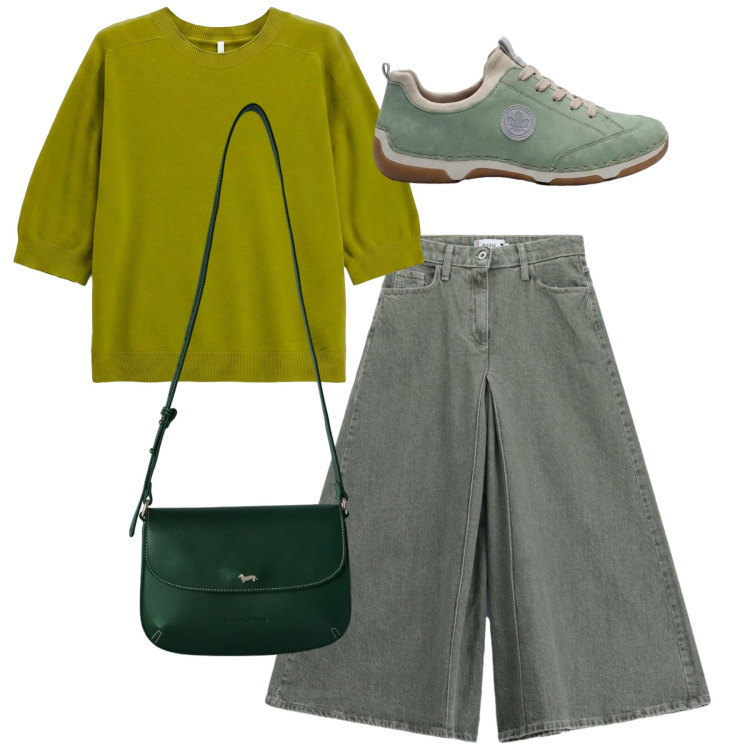Outfit donna - Total look. Stile Casual per Tutti i giorni. Abbinamento con sneakers, maglieria, borse a tracolla, pantaloni.