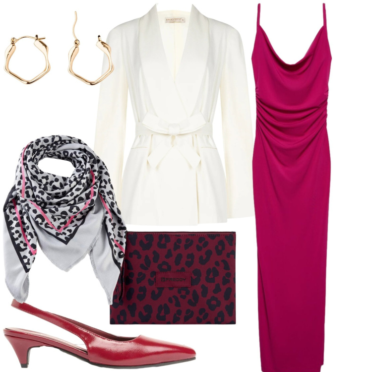 Outfit donna - Cerimonia fine settembre. Stile Chic per Cerimonia. Abbinamento con foulard, orecchini, décolleté, vestiti lunghi, blazer, clutch.