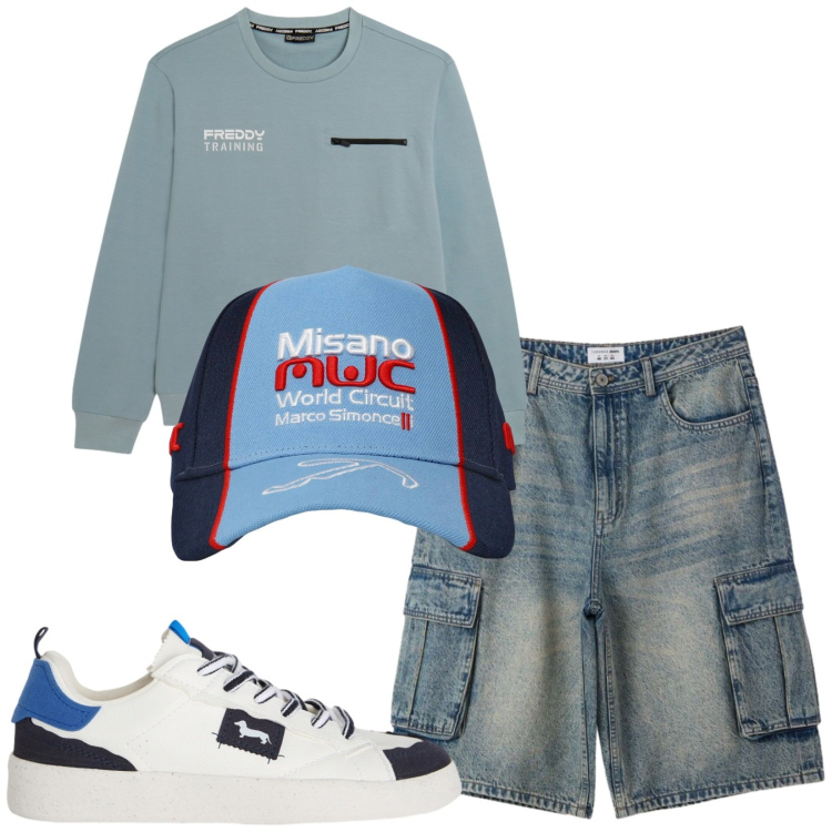 Outfit uomo - Total look #2481363. Stile Casual per Tutti i giorni. Abbinamento con sneakers, felpe, cappelli, pantaloni corti.
