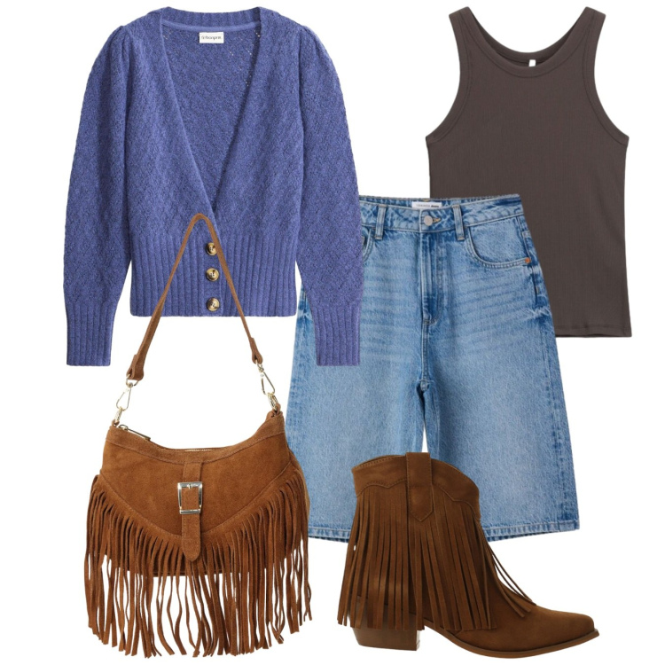 Outfit donna - Total boho. Stile Boho per Tutti i giorni. Abbinamento con stivaletti texani, canottiere, borse a spalla, bermuda, cardigans.