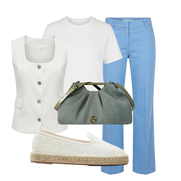 Outfit donna - Focus donna Curvy. Stile Glamour per Tutti i giorni. Abbinamento con pantaloni, t-shirt, clutch, gilet, espadrillas.