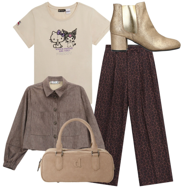 Outfit donna - Total look. Stile Casual chic per Serata fuori. Abbinamento con pantaloni a palazzo, t-shirt, cappotti, borse a mano, stivaletti chelsea.