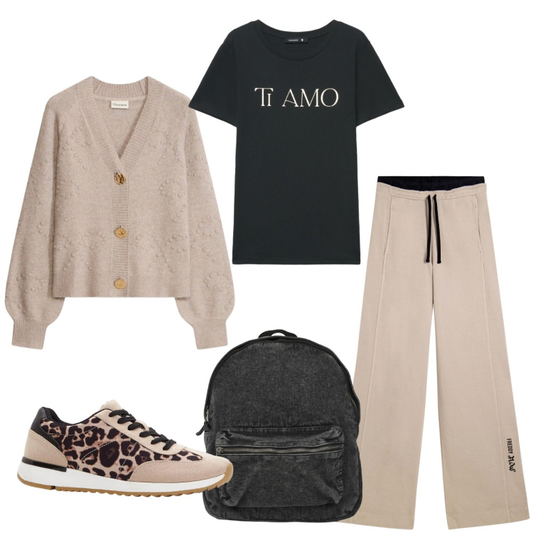 Outfit donna - Ti Amo !. Stile Casual per Tutti i giorni. Abbinamento con pantaloni, t-shirt, zaini, cardigans, sneakers.