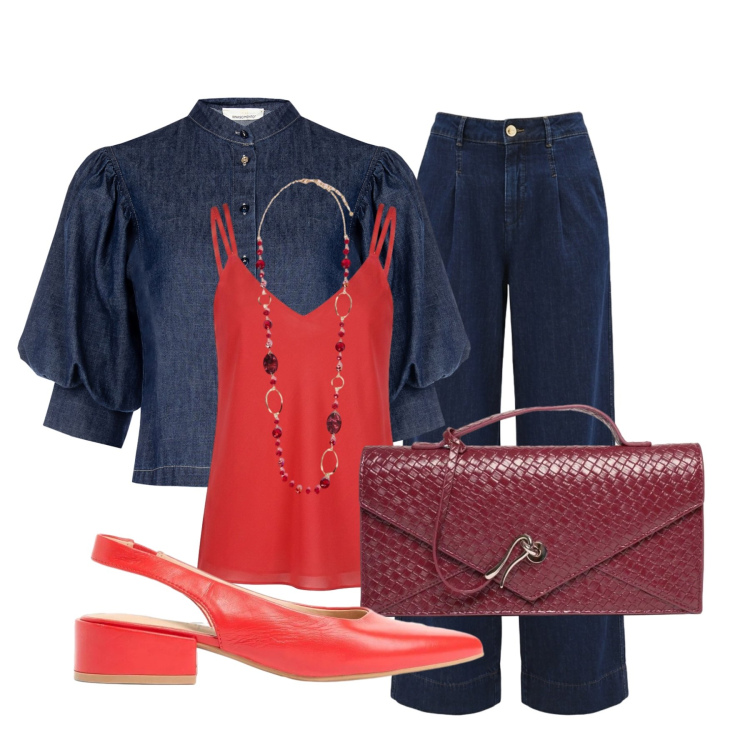 Outfit donna - Focus donna Curvy. Stile Trendy per Ufficio. Abbinamento con décolleté, camicie a manica corta, jeans dritti, canottiere, collane, clutch.