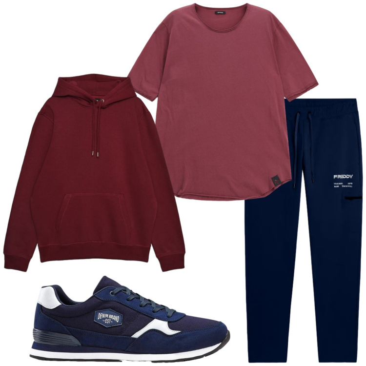 Outfit uomo - Total look #2481382. Stile Casual per Sport. Abbinamento con t-shirt, pantaloni, felpe con cappuccio, sneakers.