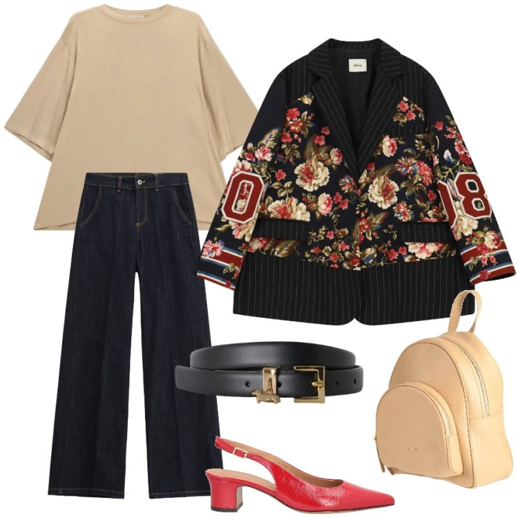 Outfit donna - La giacca che risolve l' outfit. Stile Chic per Tutti i giorni. Abbinamento con cinture, t-shirt, pantaloni a palazzo, blazer, zaini, décolleté.
