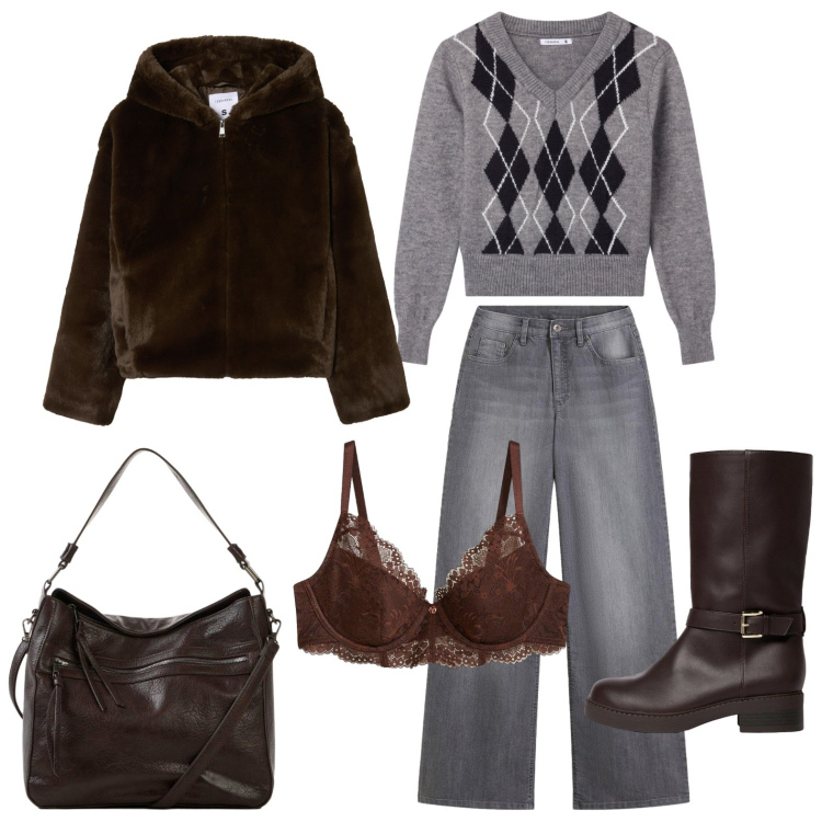 Outfit donna - Amo il mese di Ottobre. Stile Casual per Ufficio. Abbinamento con jeans, stivali, shopping bag, reggiseni, ecopellicce, pullovers.