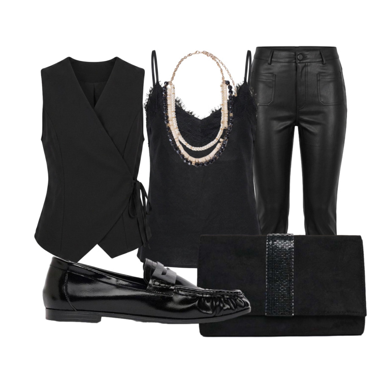 Outfit donna - Focus donna Curvy. Stile Glamour per Tutti i giorni. Abbinamento con collane, gilet, top, clutch, pantaloni, mocassini.