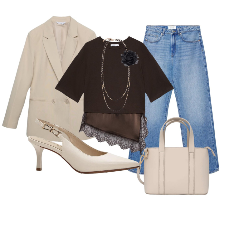 Outfit donna - Focus donna Curvy. Stile Casual chic per Tutti i giorni. Abbinamento con collane, t-shirt, blazer, jeans dritti, borse a tracolla, décolleté.