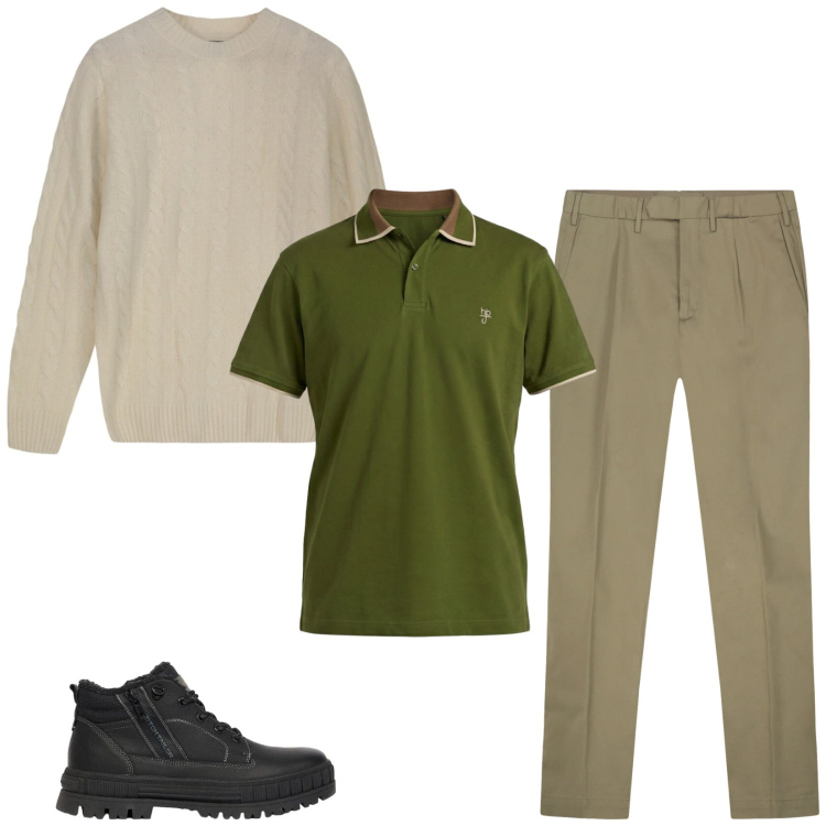 Outfit uomo - Total look #2481408. Stile Trendy per Tutti i giorni. Abbinamento con polo, pantaloni, maglieria, stivali e stivaletti.