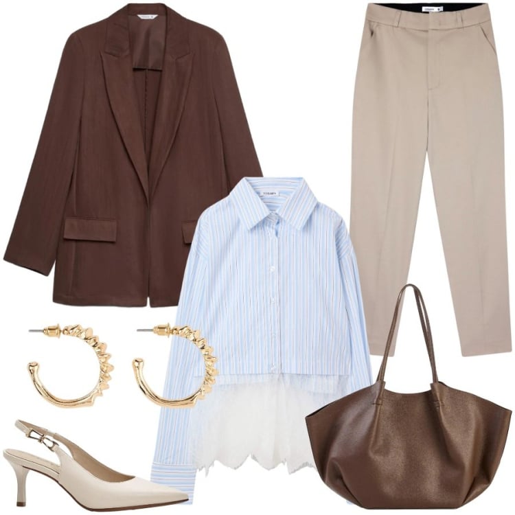 Outfit donna - In ufficio. Stile Chic per Ufficio. Abbinamento con décolleté, shopping bag, orecchini, pantaloni chino, camicie, blazer.