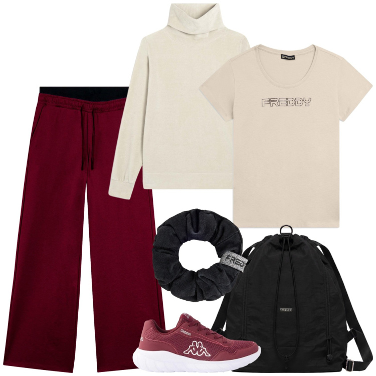 Outfit donna - Total look #2481411. Stile Sporty chic per Sport. Abbinamento con t-shirt, pantaloni, zaini, felpe, accessori per capelli, sneakers.