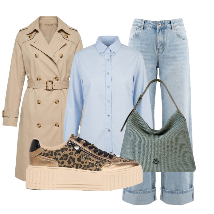 Outfit donna - Focus donna Curvy. Stile Casual chic per Ufficio. Abbinamento con sneakers, jeans, trench, camicie, borse a spalla.
