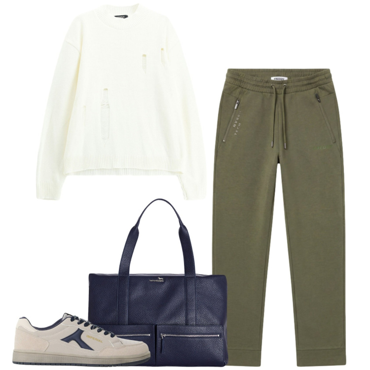 Outfit uomo - Maglia e chino salv6. Stile Urban per Tutti i giorni. Abbinamento con borse sportive, maglieria, sneakers, pantaloni.