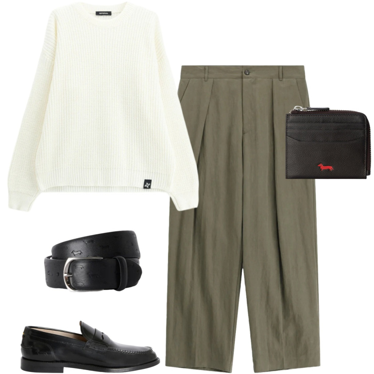 Outfit uomo - Maglia e chino salvia. Stile Urban per Ufficio. Abbinamento con cinture, portafogli, scarpe stringate, pantaloni, maglieria.