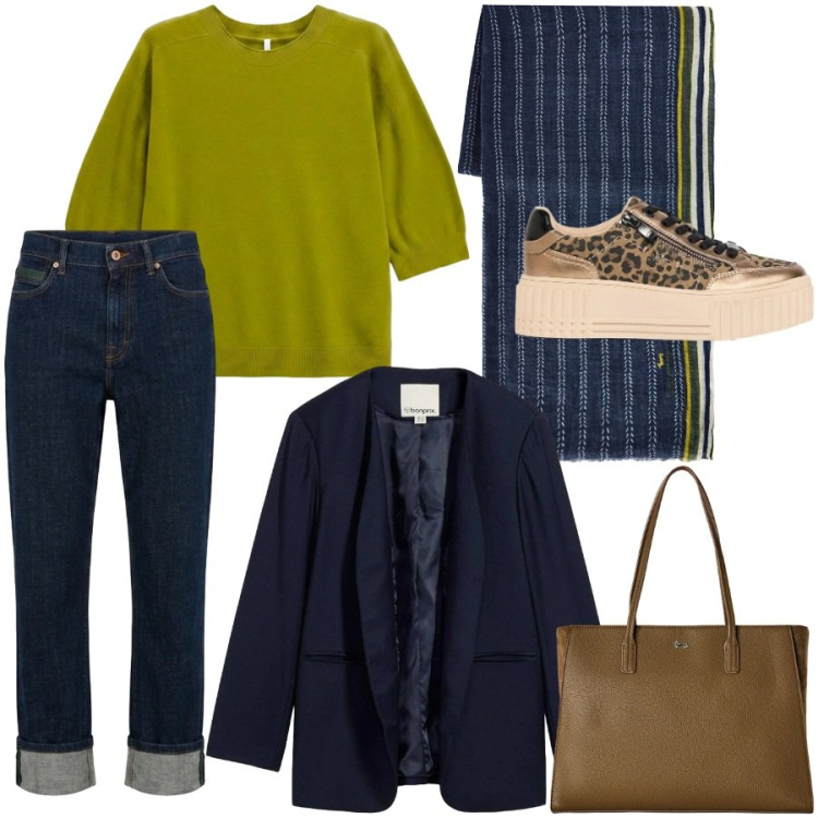 Outfit donna - Total look #2481422. Stile Urban per Tutti i giorni. Abbinamento con blazer, sneakers, maglieria, shopping bag, sciarpe, jeans dritti.