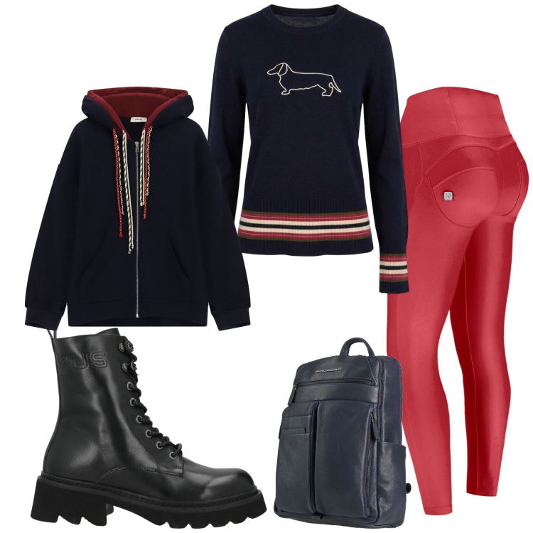 Outfit donna - Total look #2481427. Stile Trendy per Tutti i giorni. Abbinamento con stivaletti, zaini, maglieria, felpe con cappuccio, pantaloni skinny.