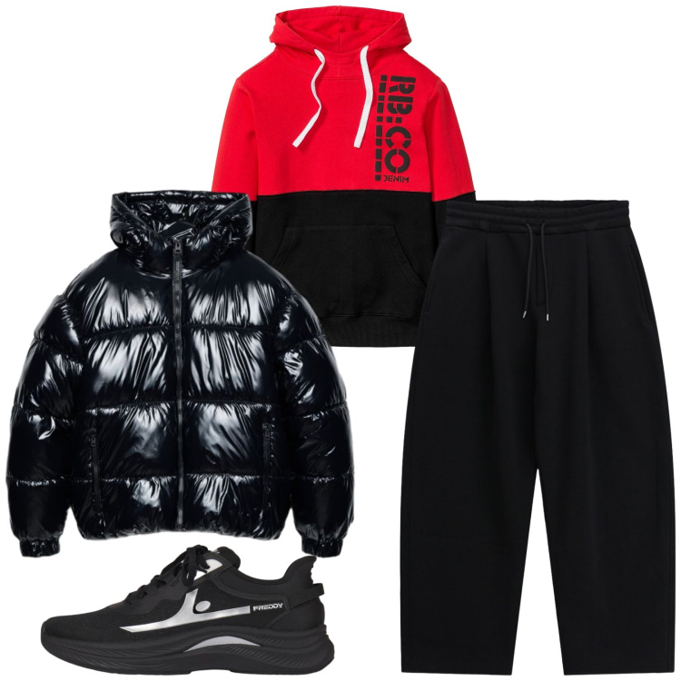 Outfit uomo - Total look #2481430. Stile Trendy per Tutti i giorni. Abbinamento con pantaloni, sneakers, piumini, felpe con cappuccio.