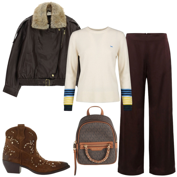 Outfit donna - Total look #2481431. Stile Casual per Tutti i giorni. Abbinamento con maglieria, pantaloni a palazzo, giacche, stivaletti texani, zaini.