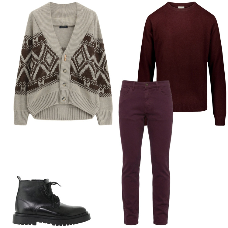 Outfit uomo - Total look #2481432. Stile Trendy per Serata speciale. Abbinamento con pantaloni, cardigans, anfibi, maglieria.